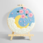 Crescent moon with pink flowers punch needle kit for beginners