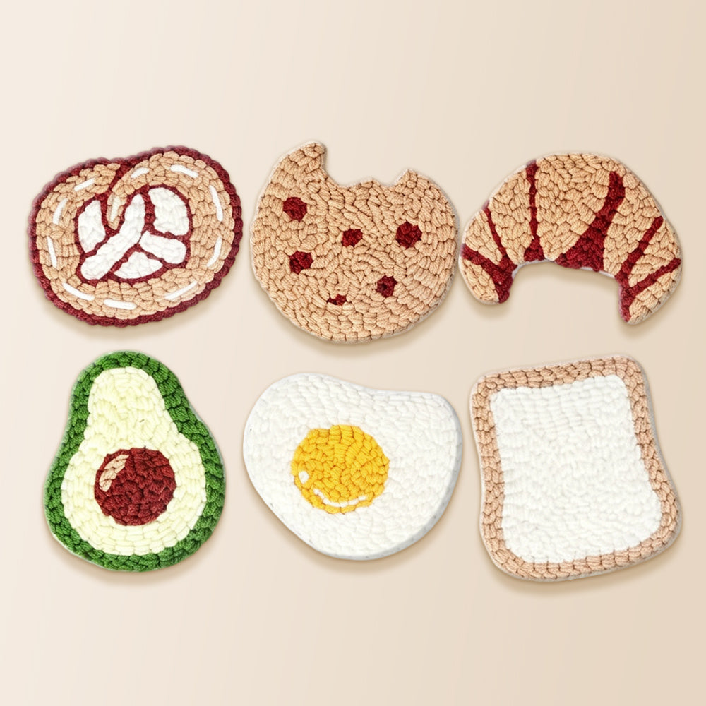 Croissant, toast and egg punch needle coaster kit finished handmade coasters