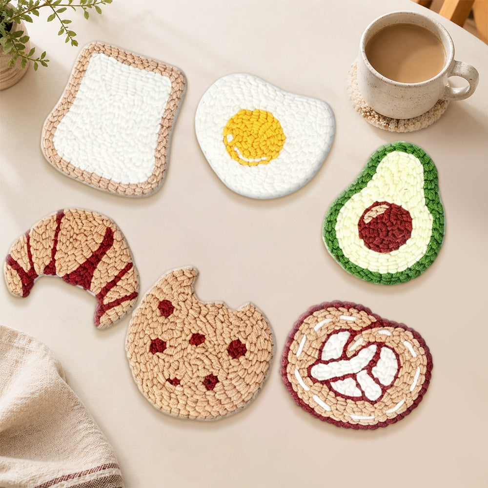 Croissant, toast and egg punch needle coasters used for home decoration