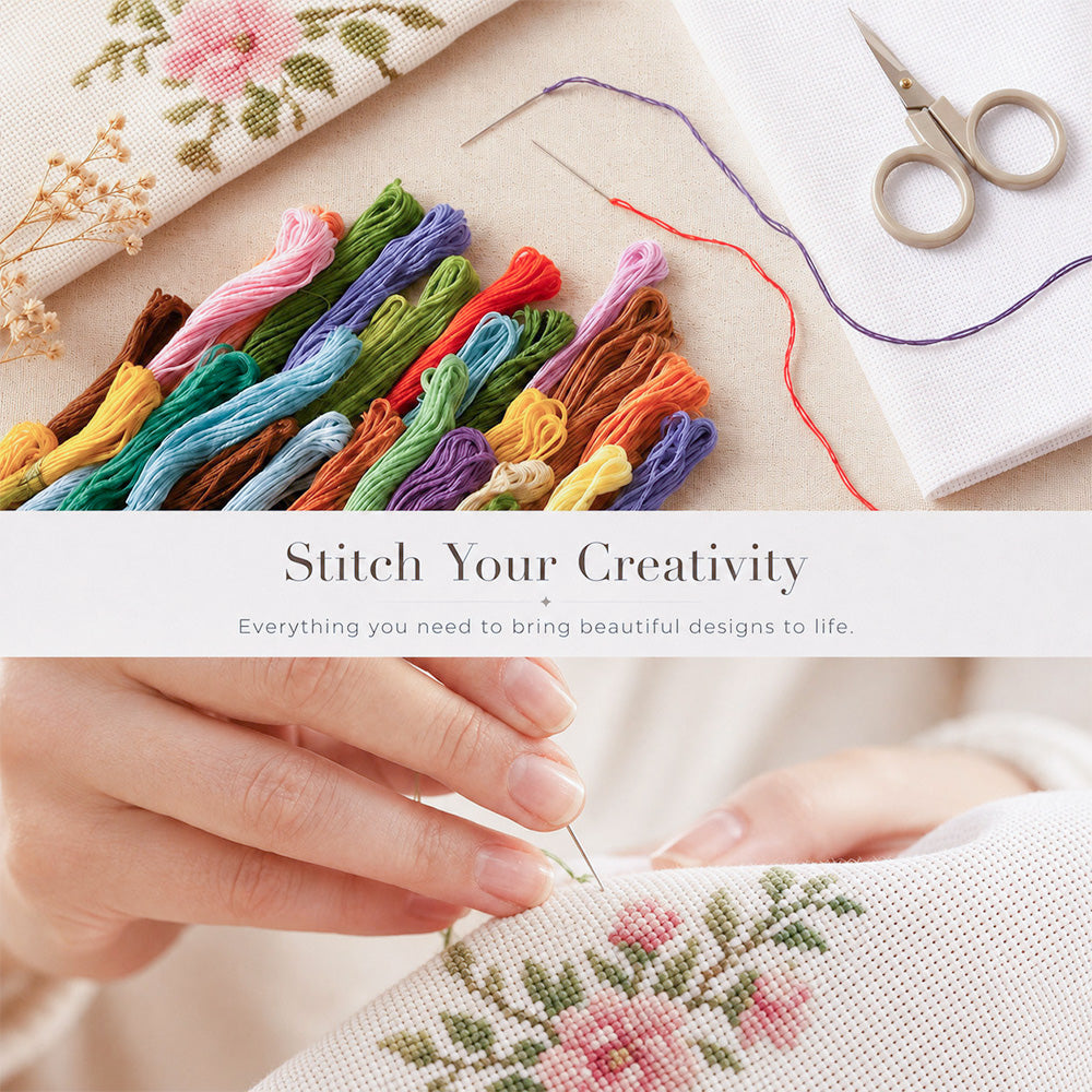 Hands stitching a cross stitch kit with embroidery thread and fabric