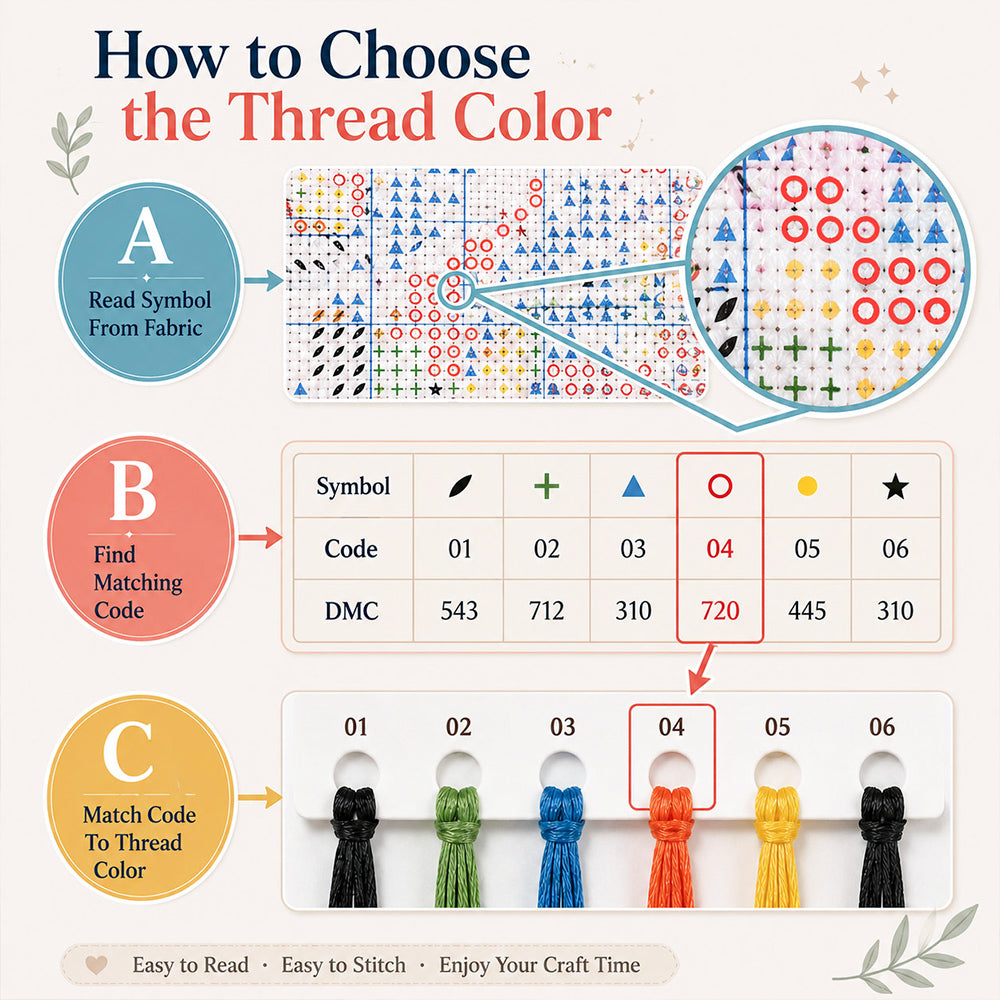 Cross stitch thread color guide showing symbols and matching embroidery colors