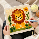 Creating handmade crowned lion and flowers punch needle artwork