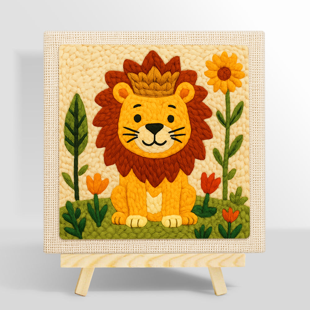 Finished crowned lion and flowers artwork displayed on a wall