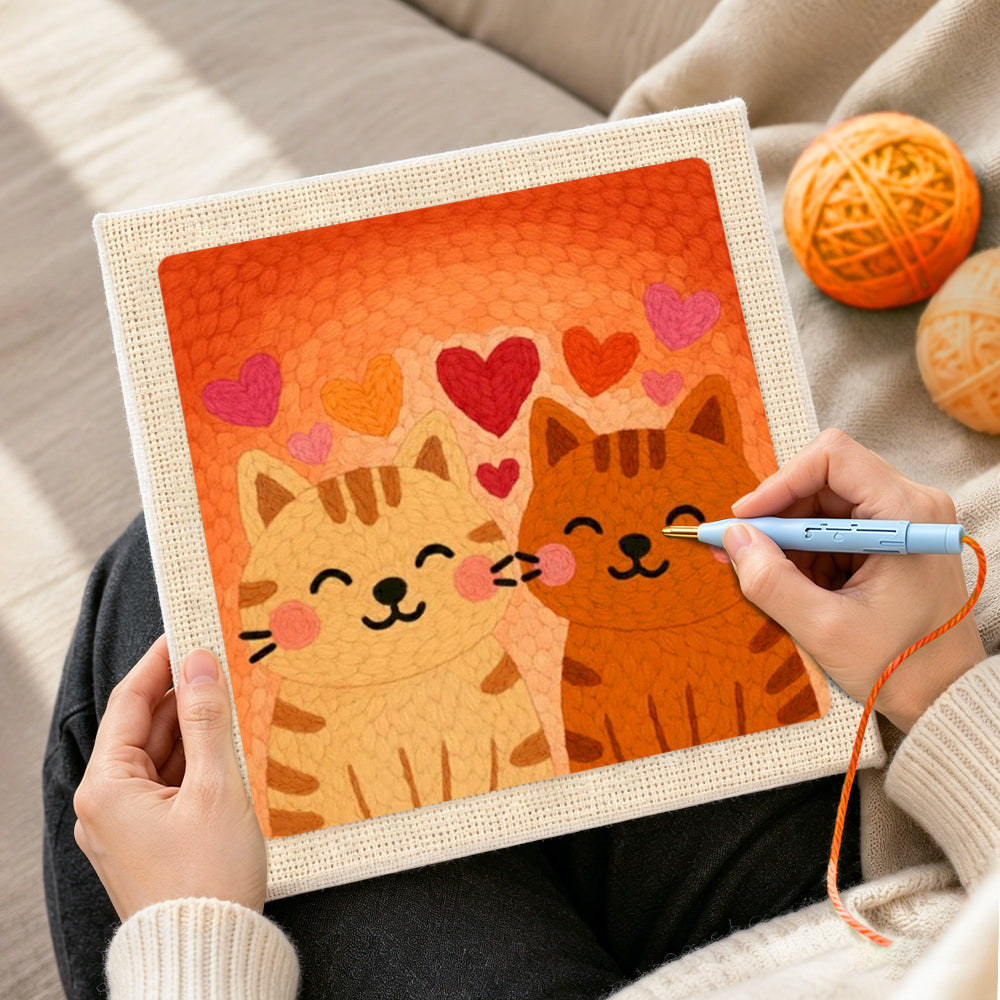 Creating handmade cuddling tabby cat couple punch needle artwork