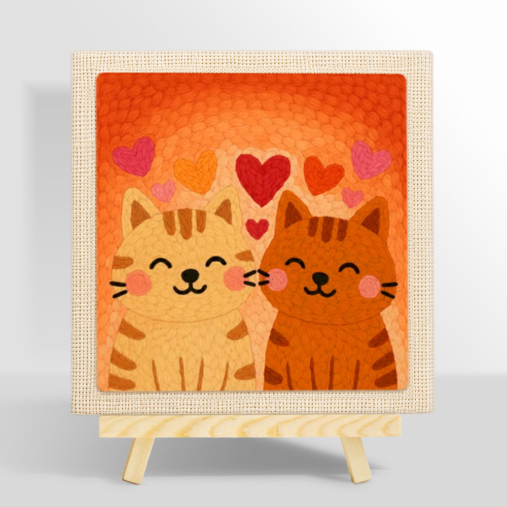 Cuddling tabby cat couple punch needle kit for beginners