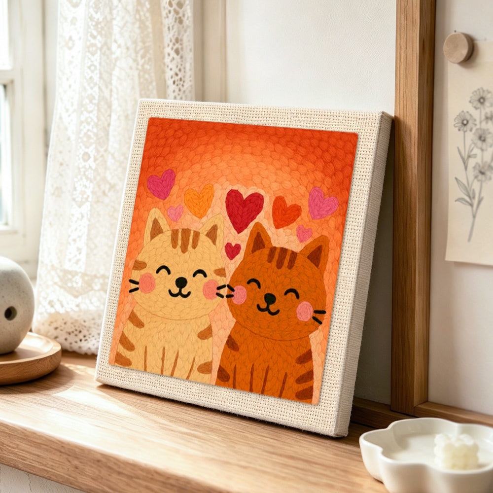 Cuddling tabby cat couple punch needle artwork displayed on a table