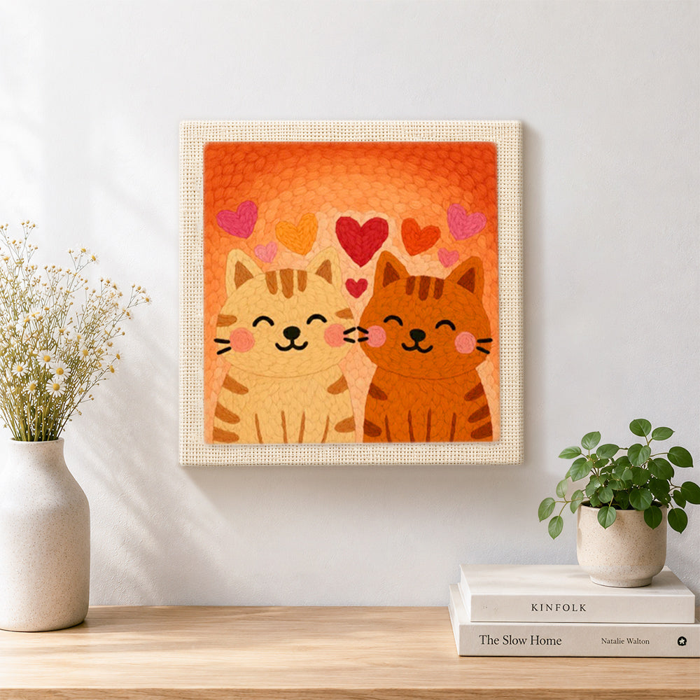 Finished cuddling tabby cat couple artwork displayed on a wall