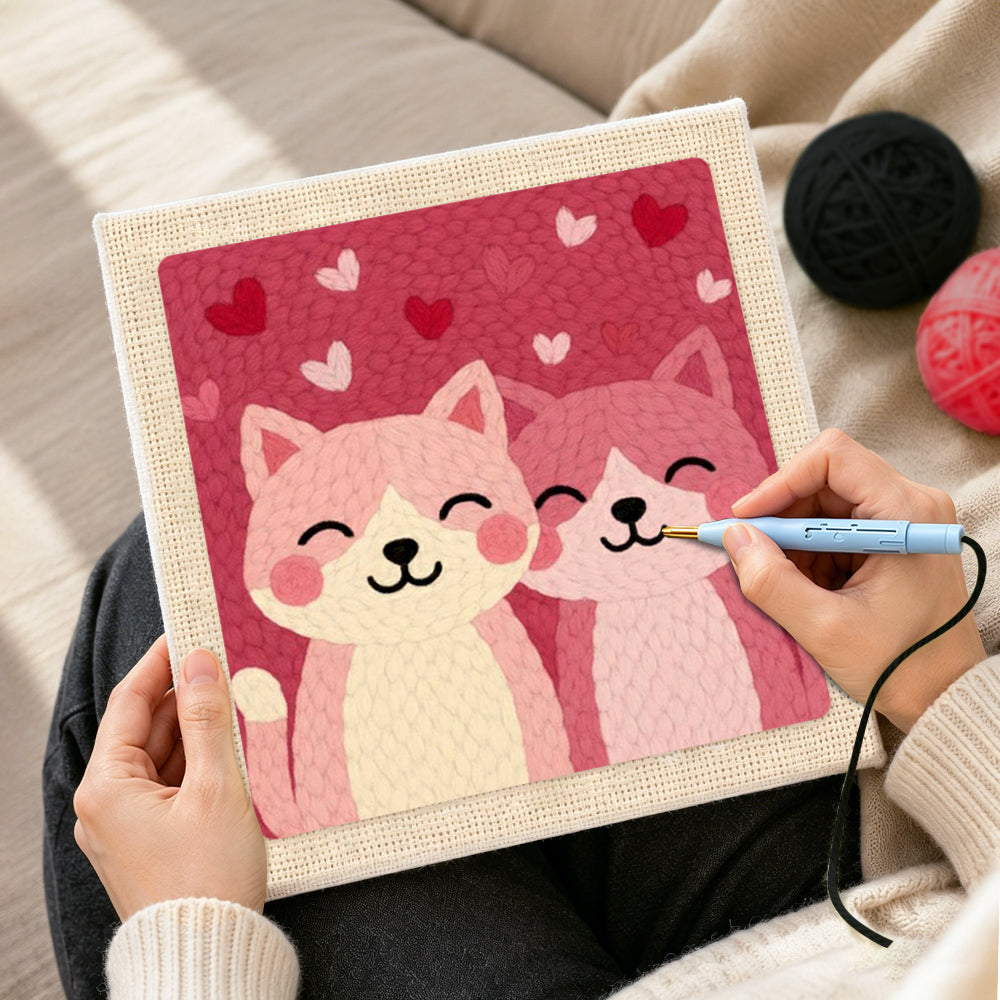 Creating handmade cuddly pink cat duo punch needle artwork