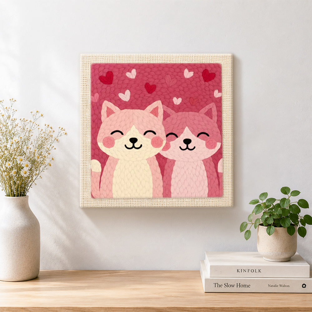 Finished cuddly pink cat duo artwork displayed on a wall
