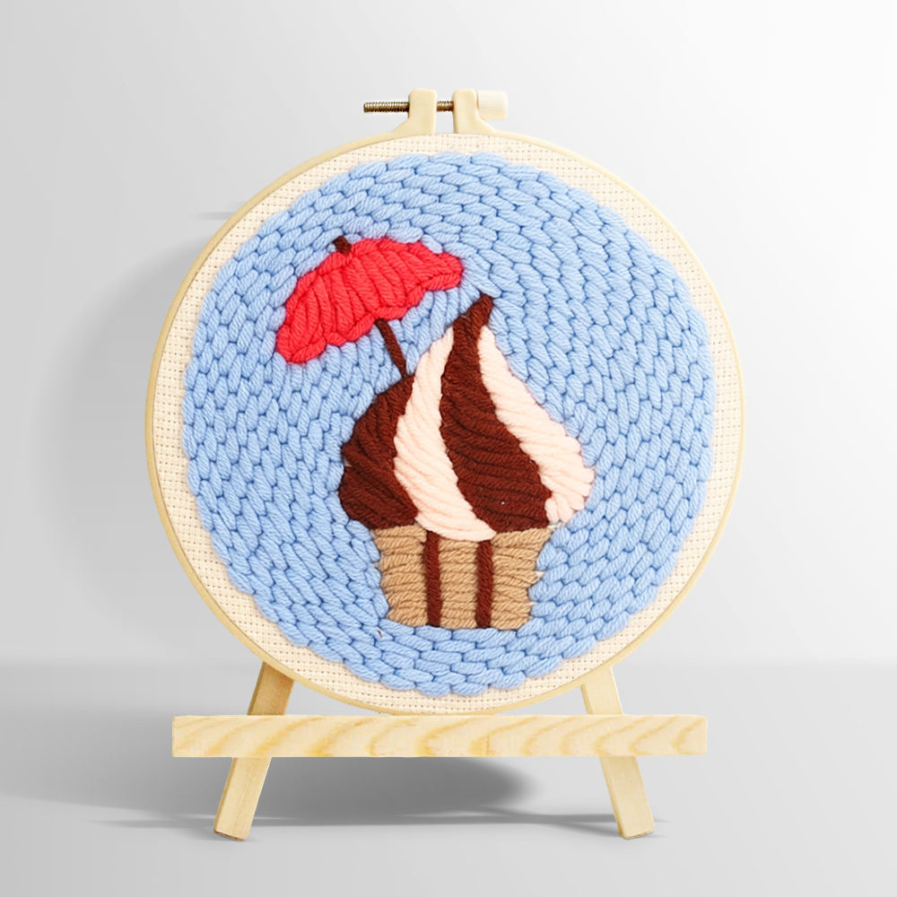 Cupcake with red umbrella punch needle kit for beginners