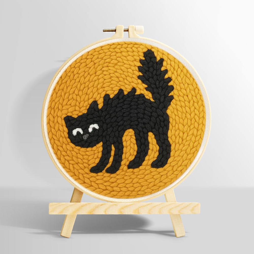 Curled black cat punch needle kit for beginners