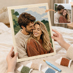Custom couple photo punch needle kit with personalised portrait artwork, yarn colours and DIY craft tools