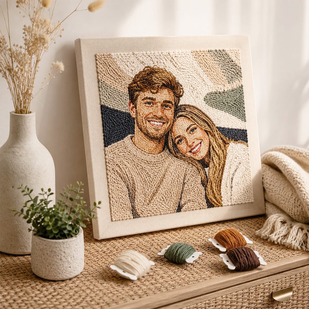 Custom couple punch needle artwork displayed as a meaningful handmade keepsake for home decor