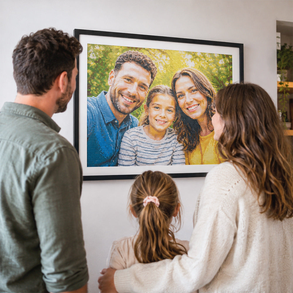 Large custom cross stitch wall art created from a family photo