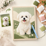 Custom dog photo punch needle kit with reference photo, textured pet portrait artwork and cotton yarns