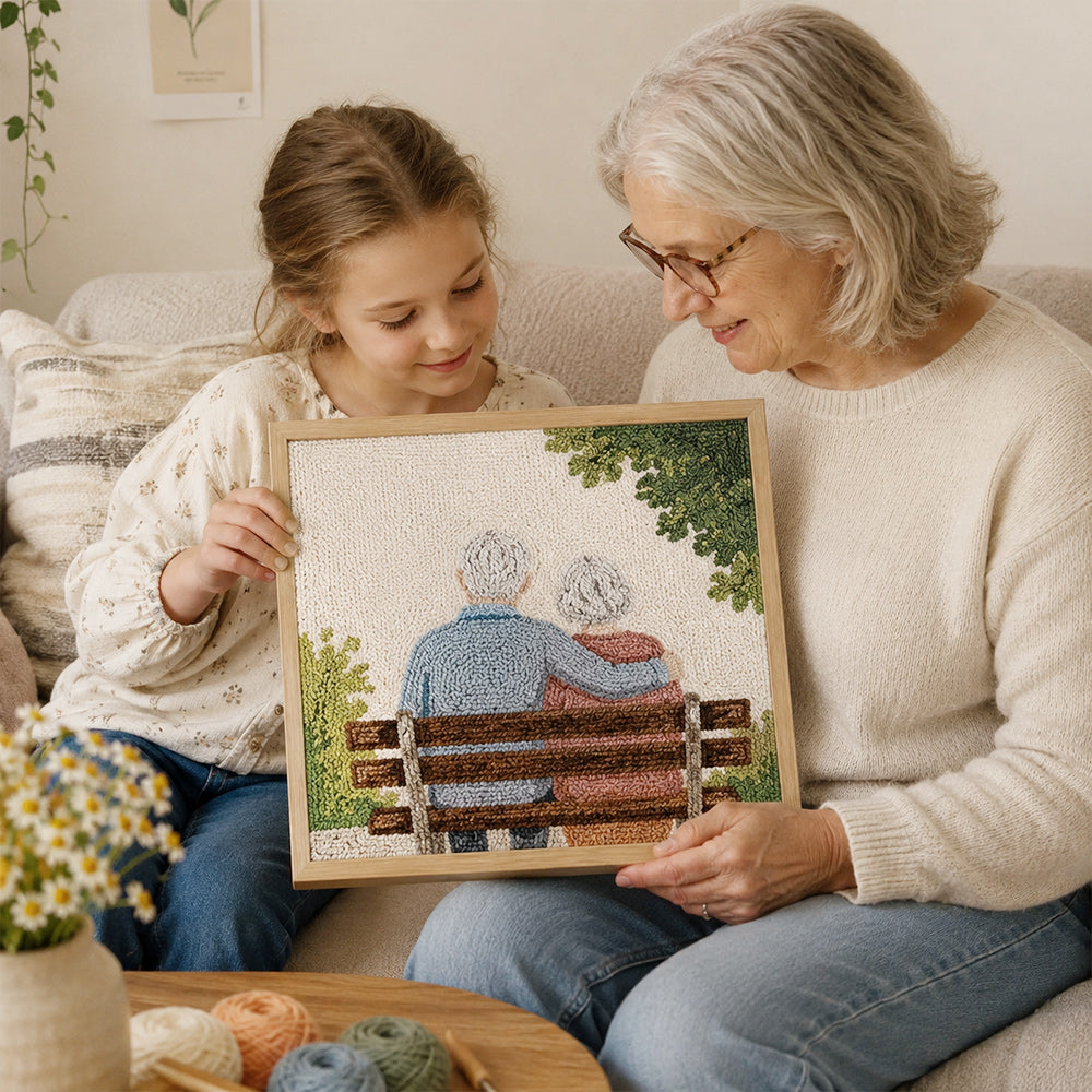 Custom family memory punch needle artwork shared at home as a thoughtful handmade keepsake
