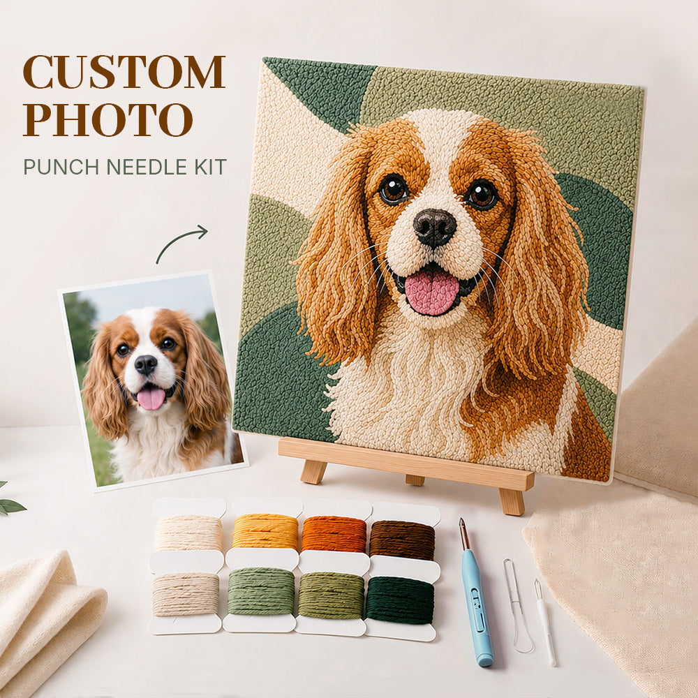 Custom punch needle kit from photo showing a personalised pet portrait canvas with cotton yarns and DIY craft tools
