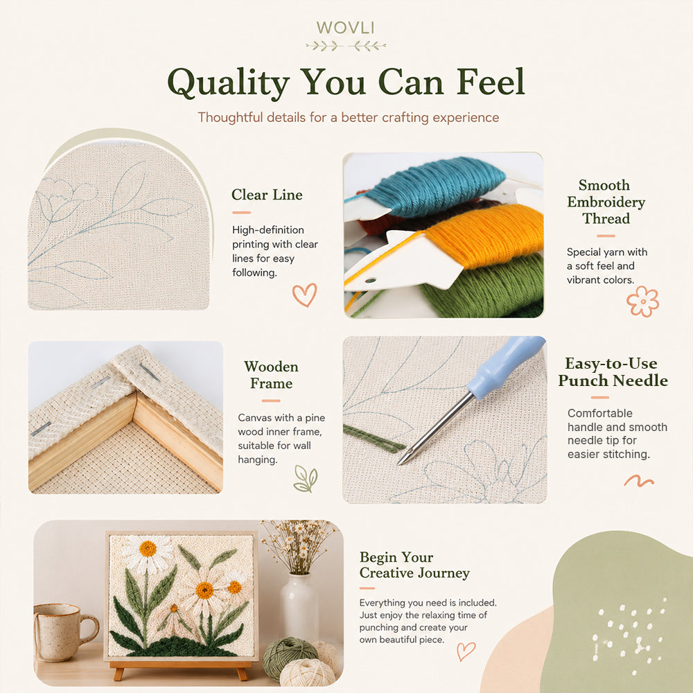 Quality materials for a custom punch needle craft kit including printed canvas, cotton yarns and easy punch needle tool