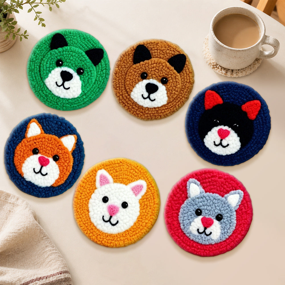Cute animal faces punch needle coasters used for home decoration