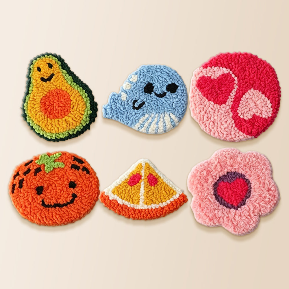 Cute avocado and smiley orange punch needle coaster kit finished handmade coasters