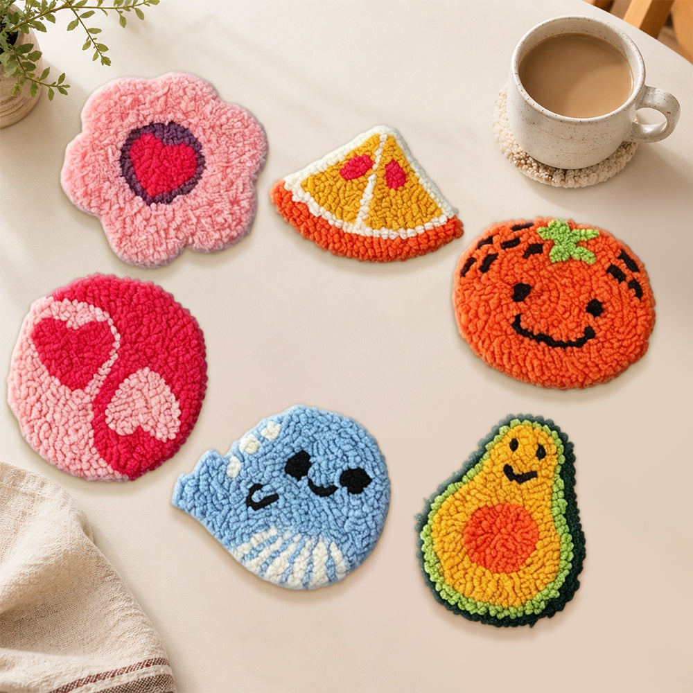 Cute avocado and smiley orange punch needle coasters used for home decoration