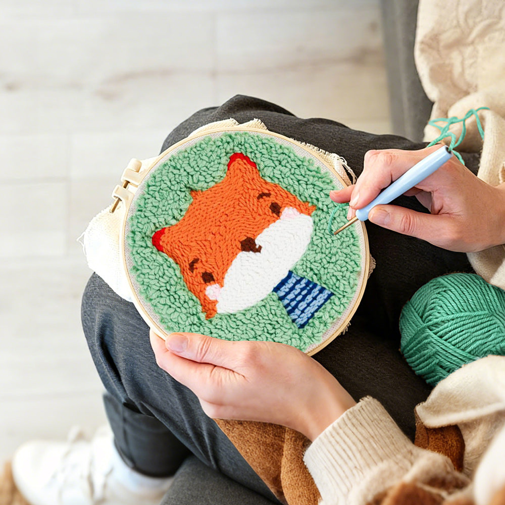 Creating handmade cute baby fox punch needle artwork
