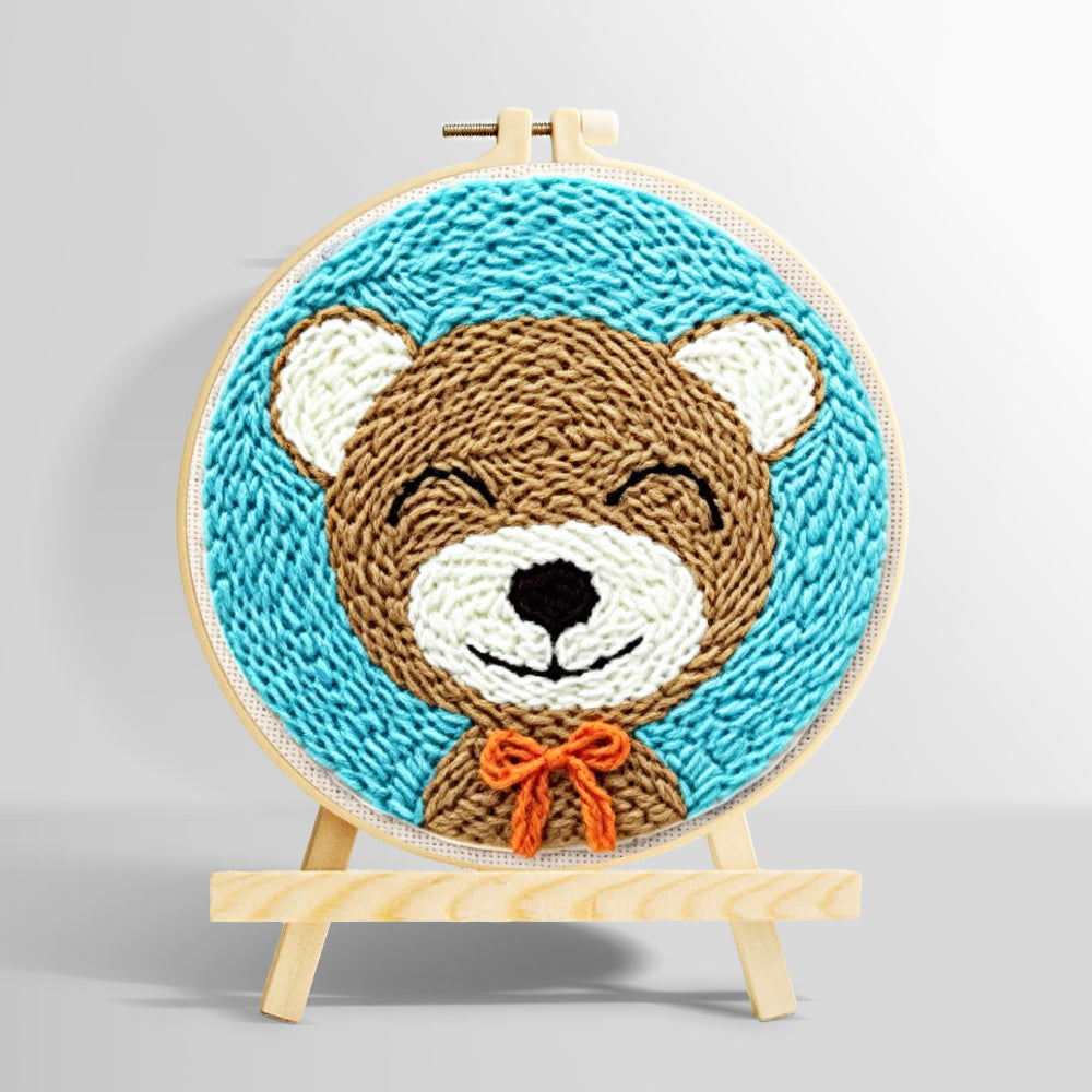 Cute bear with orange bow tie punch needle kit for beginners