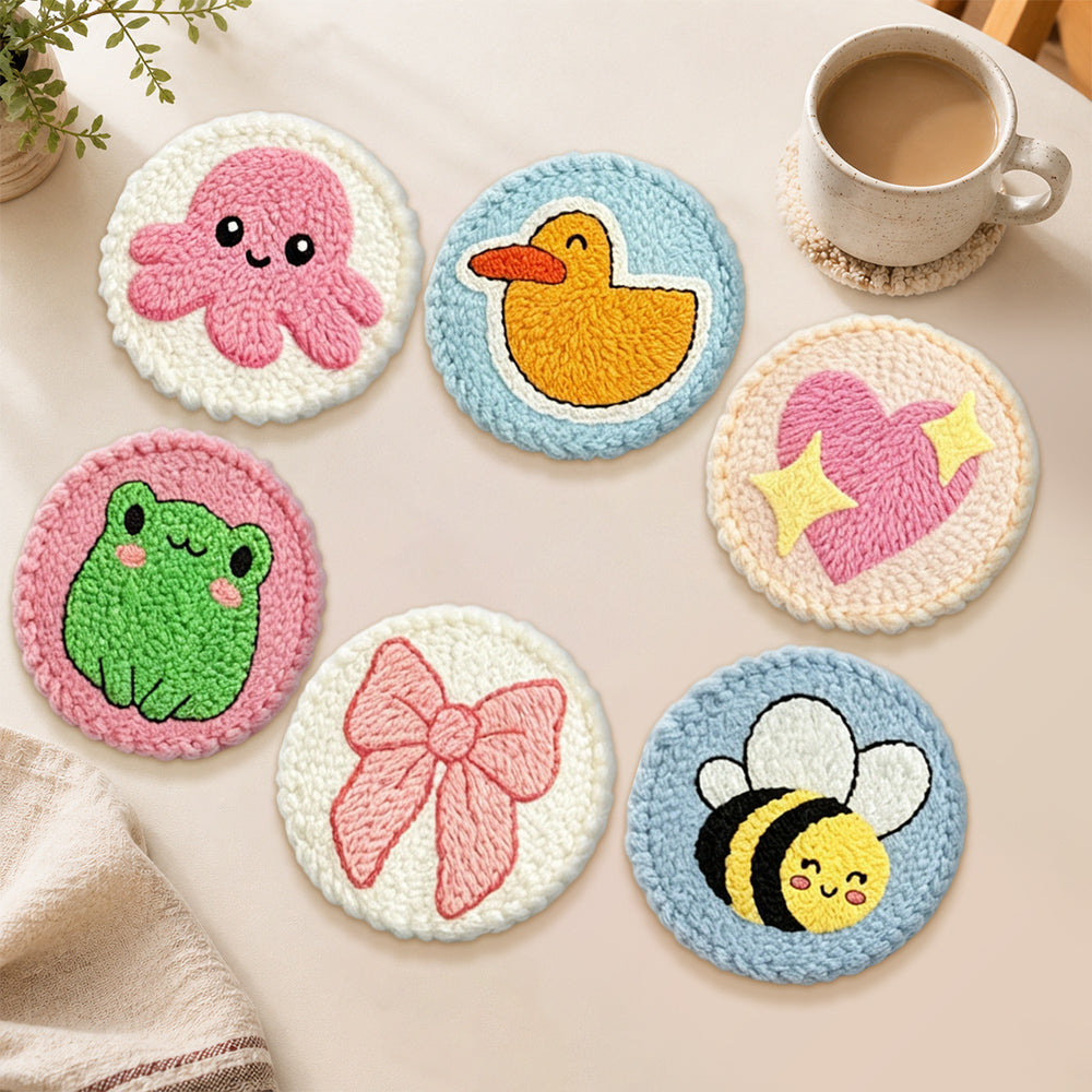Cute bee, frog and octopus punch needle coasters used for home decoration