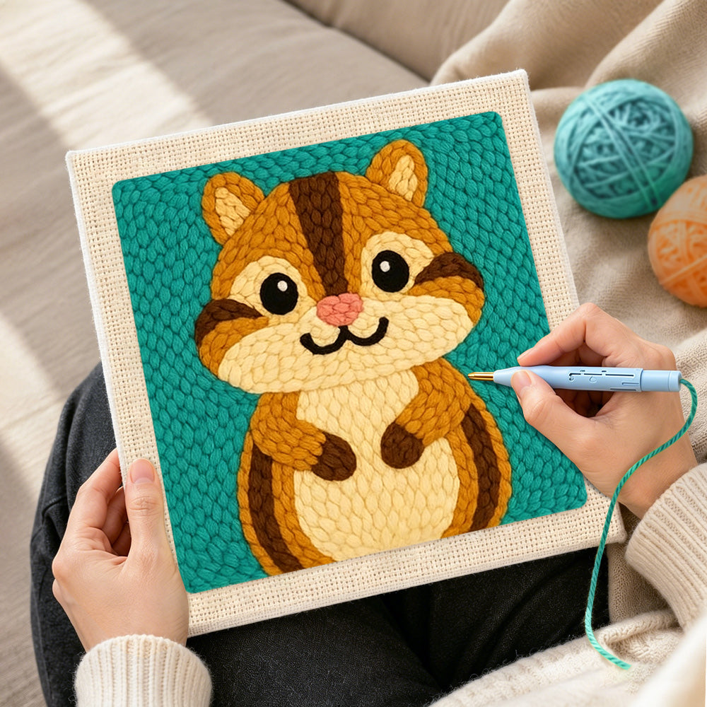 Creating handmade cute big-eyed chipmunk punch needle artwork