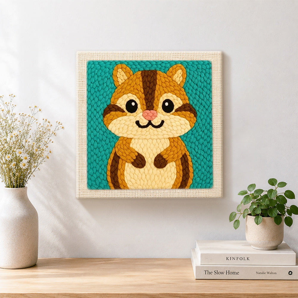 Finished cute big-eyed chipmunk artwork displayed on a wall