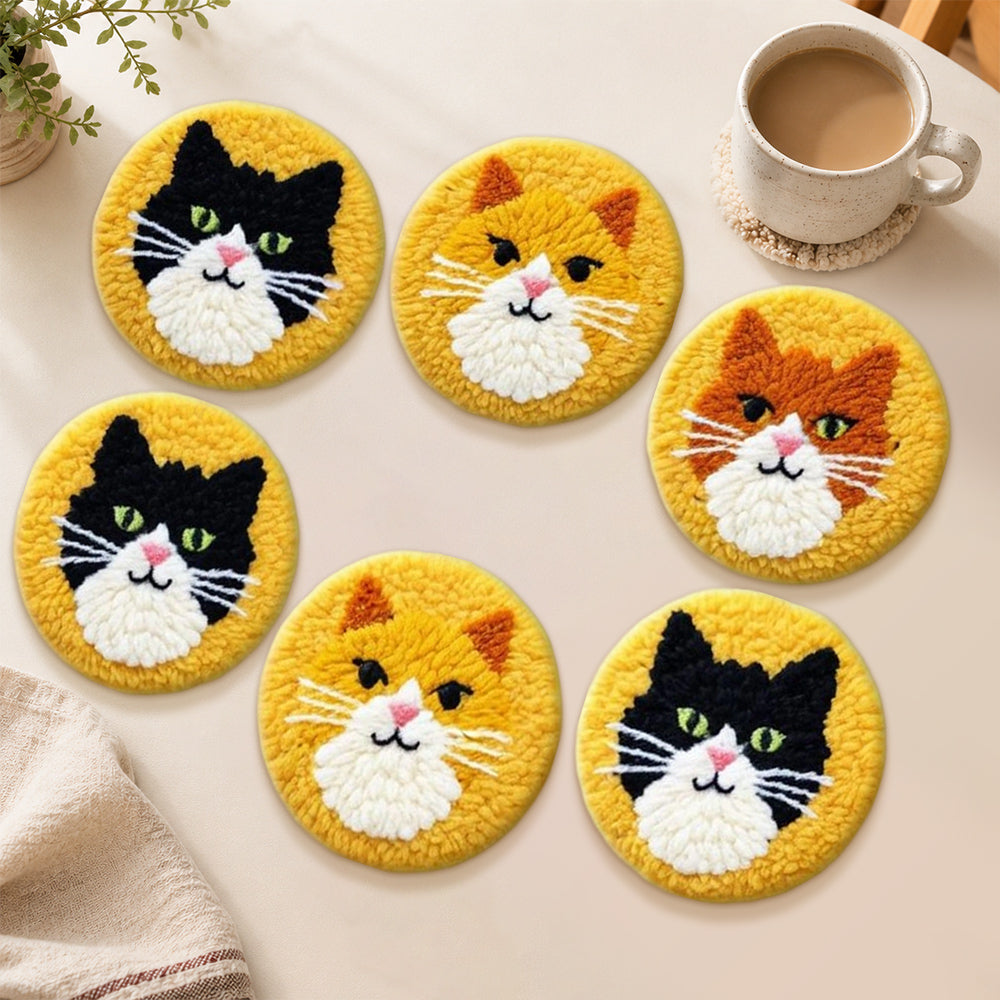 Cute black and orange cats punch needle coasters used for home decoration