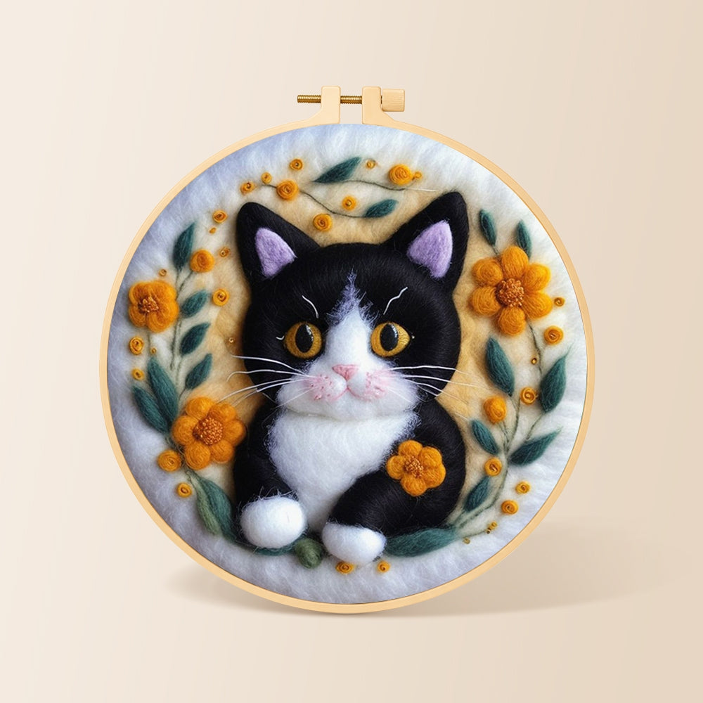 Cute black and white kitten needle felting kit for beginners with a round wooden frame