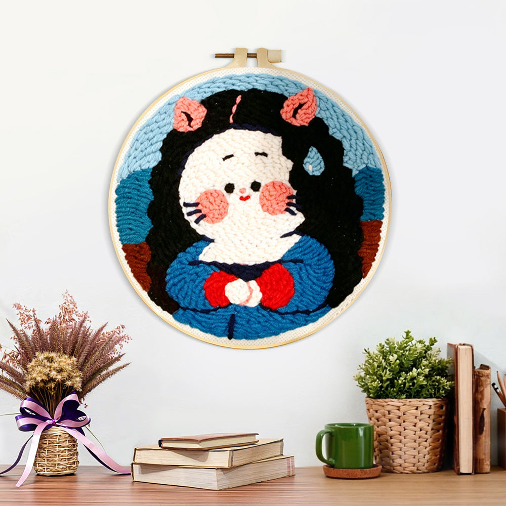 Finished cute black haired girl artwork displayed on a wall