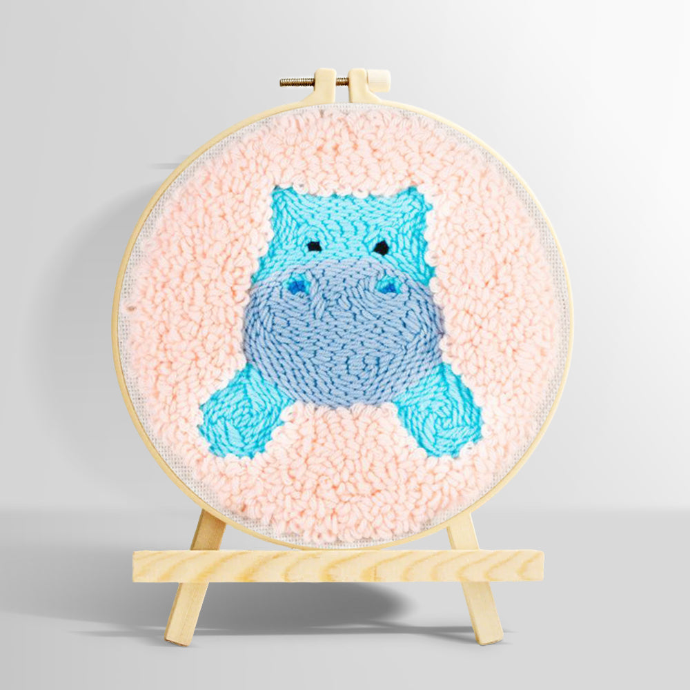 Cute blue hippo punch needle kit for beginners