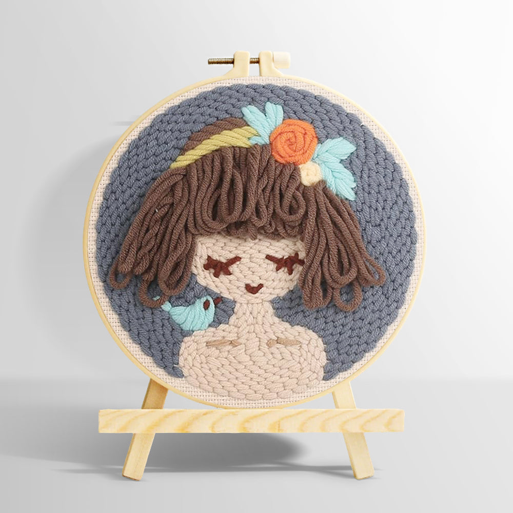 Cute brown haired girl punch needle kit for beginners