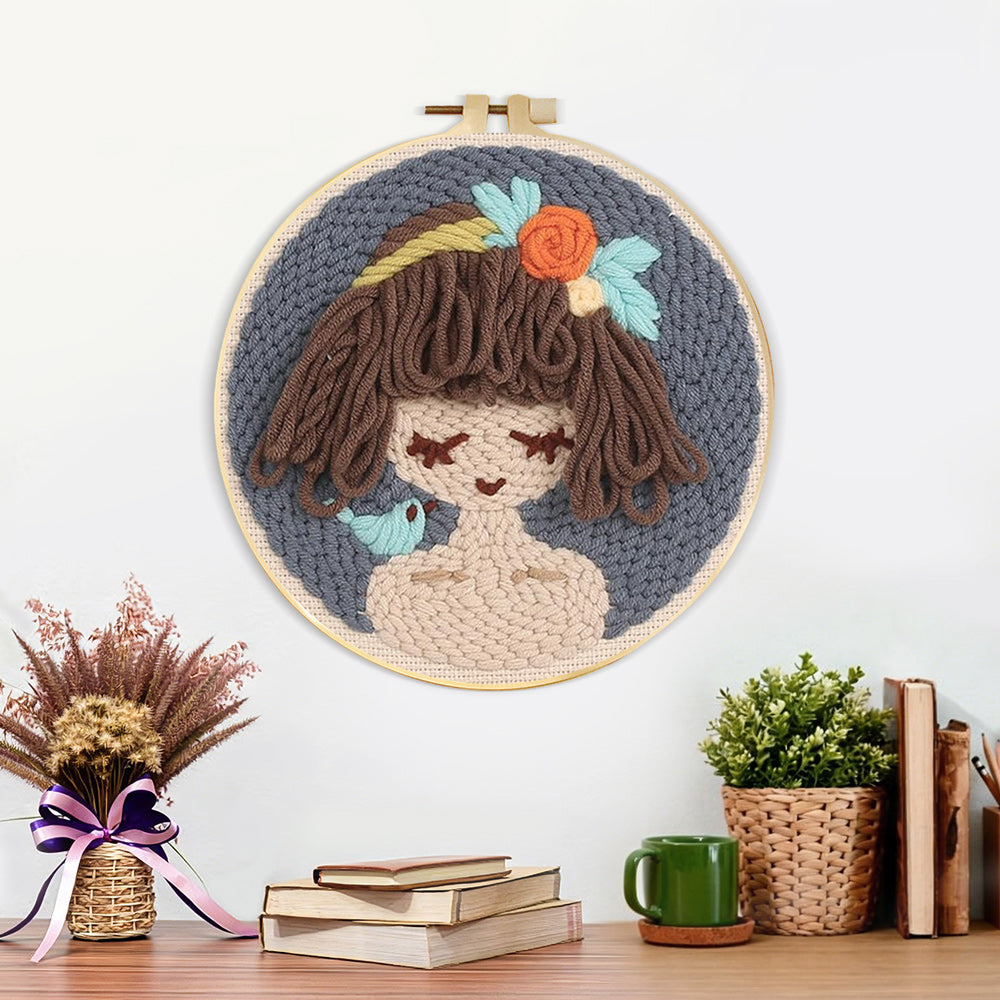 Finished cute brown haired girl artwork displayed on a wall