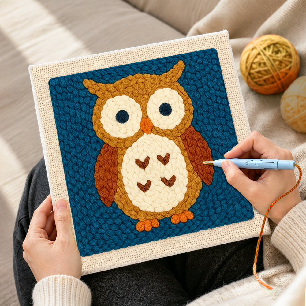 Creating handmade cute brown owl punch needle artwork