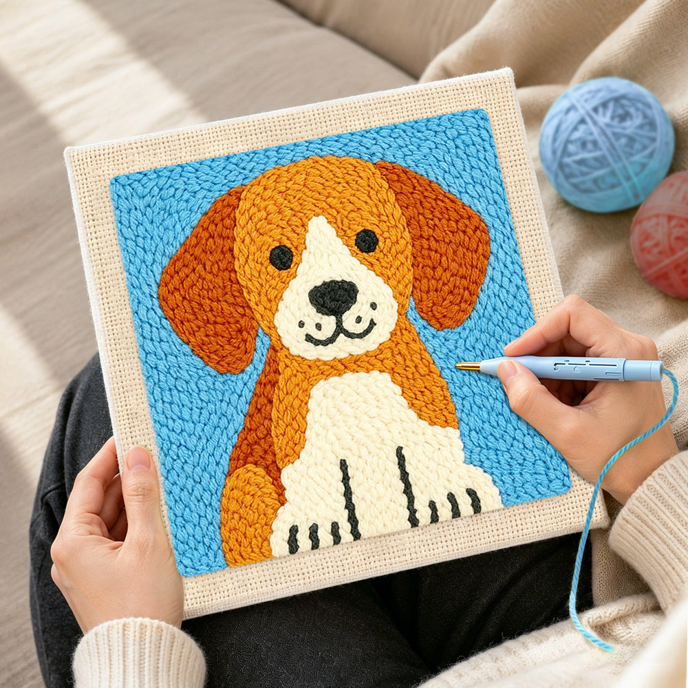 Creating handmade cute brown puppy punch needle artwork