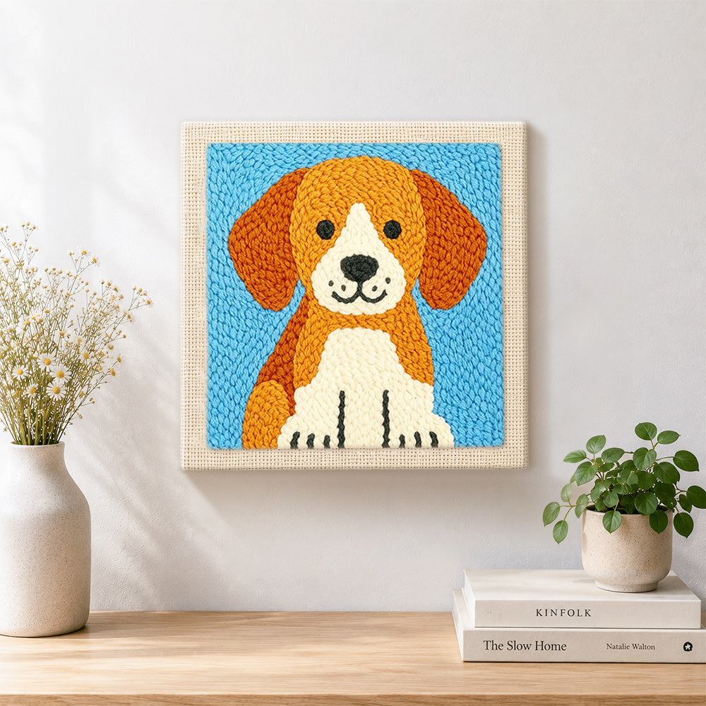 Finished cute brown puppy artwork displayed on a wall