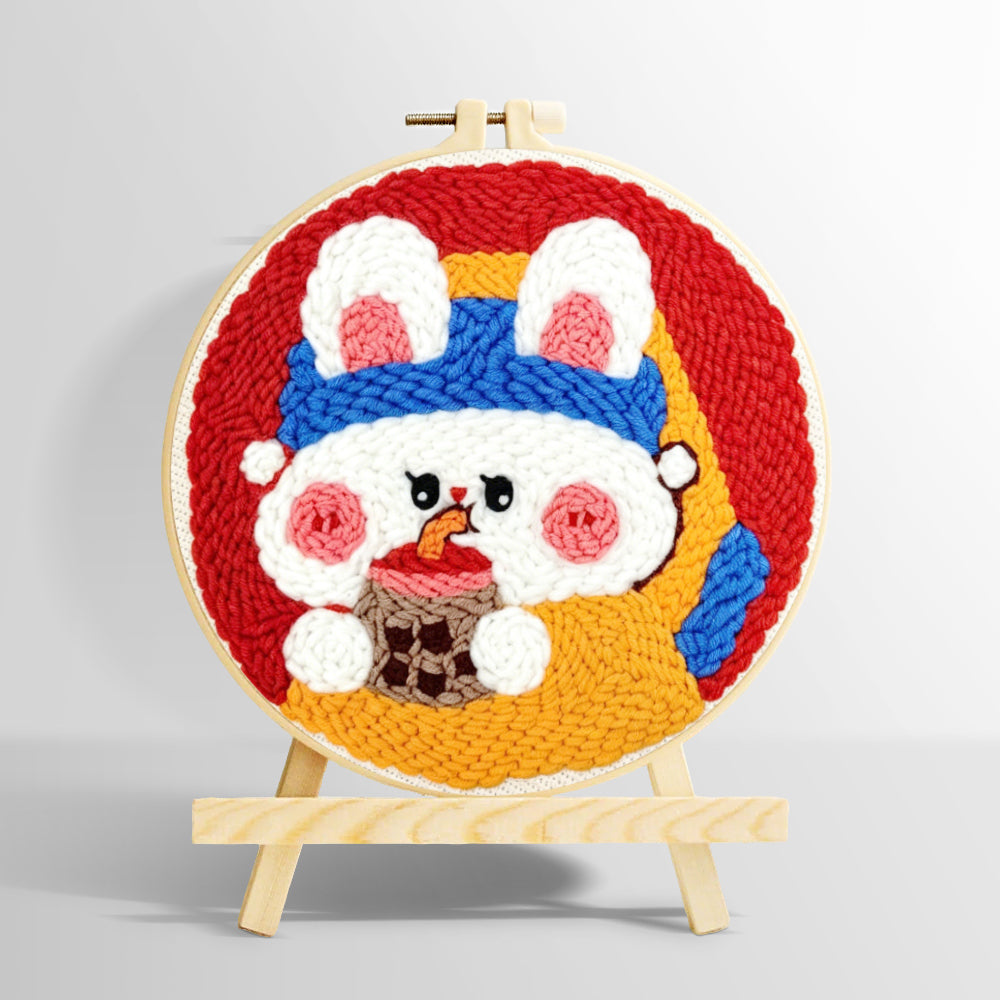 Cute bunny drinking boba punch needle kit for beginners