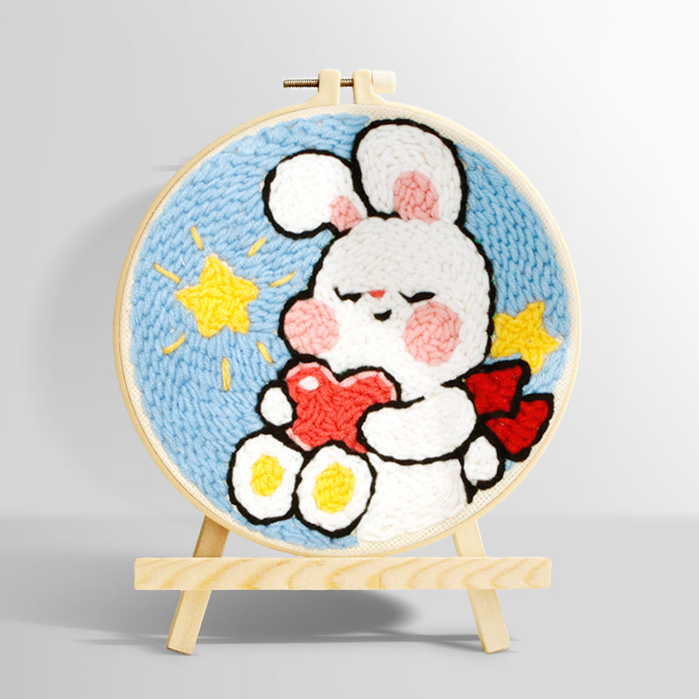 Cute bunny holding heart punch needle kit for beginners
