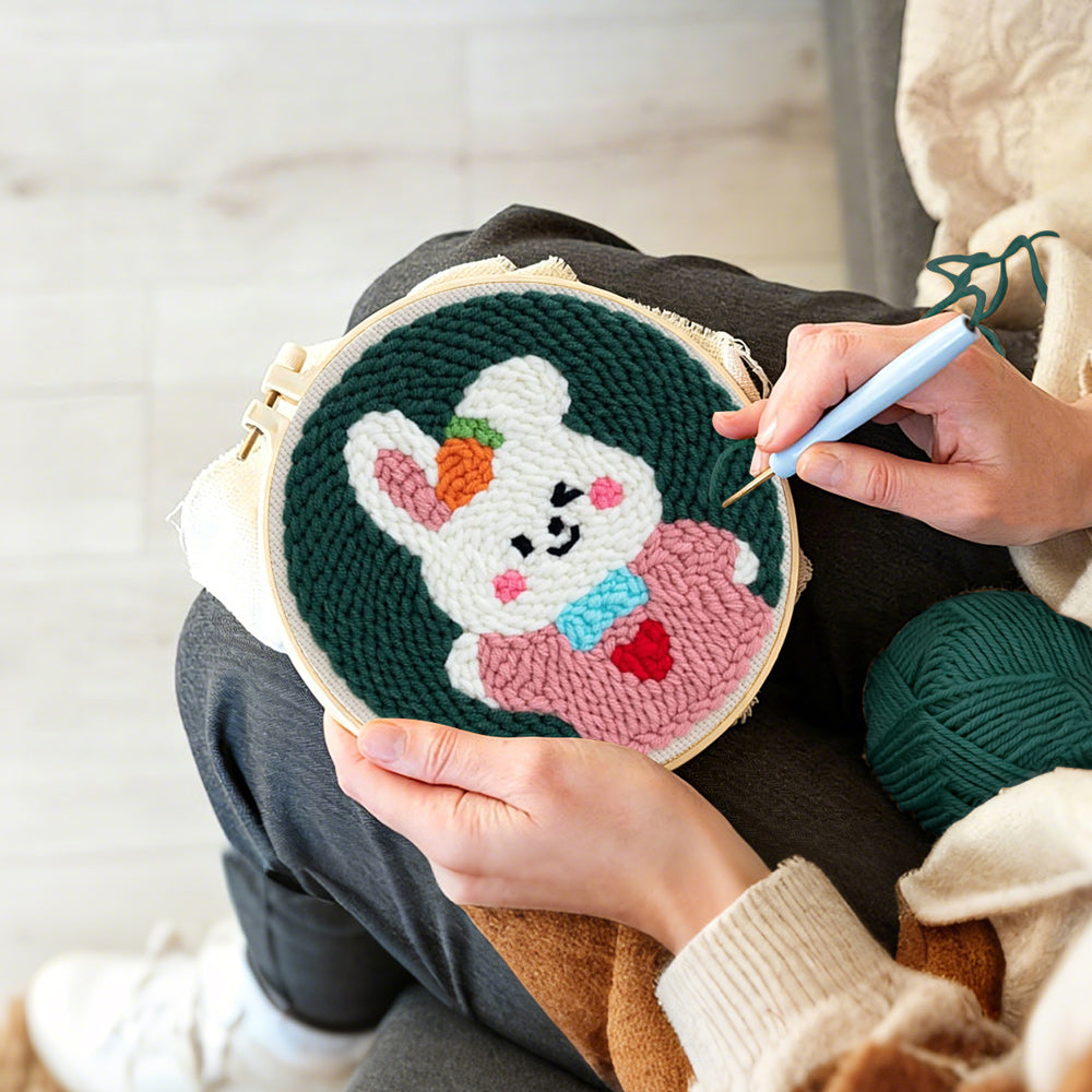 Creating handmade cute bunny in pink outfit punch needle artwork