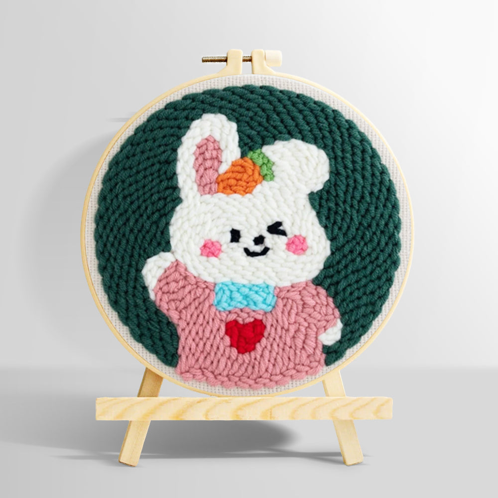Cute bunny in pink outfit punch needle kit for beginners