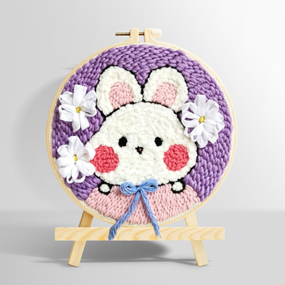 Cute bunny with blue bow punch needle kit for beginners