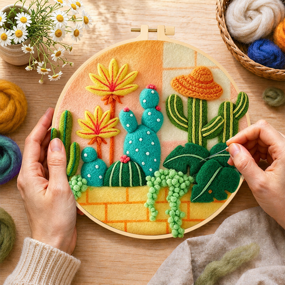 Creating the cute cacti with sombrero hat wool painting by hand with a felting needle
