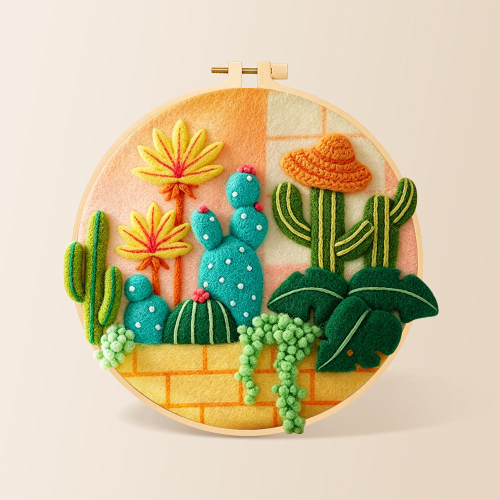 Cute cacti with sombrero hat needle felting kit for beginners with a round wooden frame