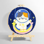Cute calico cat astronaut on rainbow moon punch needle kit for beginners