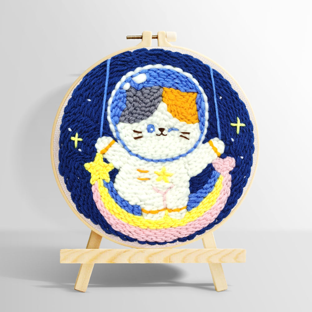 Cute calico cat astronaut on rainbow moon punch needle kit for beginners