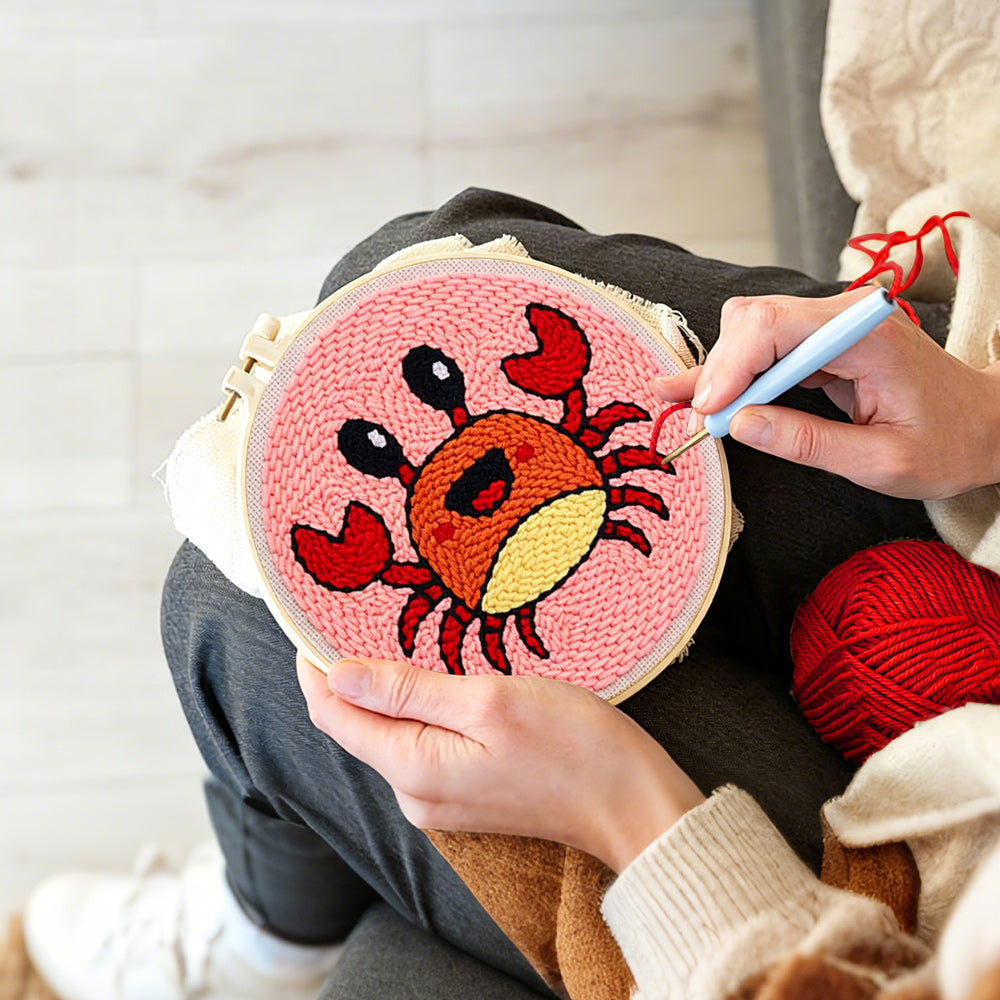 Creating handmade cute cartoon crab punch needle artwork