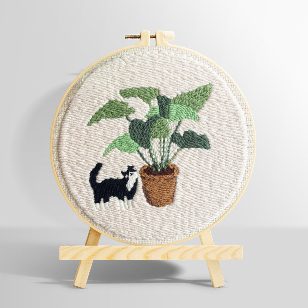 Cute cat by houseplant punch needle kit for beginners
